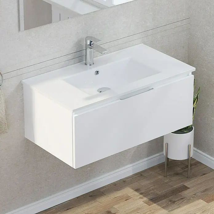 Artysan Mueble bajo de lavabo Plano - An x Pr x Al: 80 x 46 x 32 cm, Blanco - Elegante lavabo suspendido con mueble blanco. Este lavabo de baño cuenta con un diseño minimalista y una construcción de alta calidad.