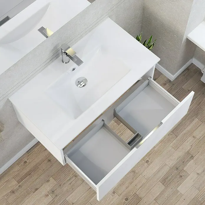Artysan Mueble bajo de lavabo Plano - An x Pr x Al: 80 x 46 x 32 cm, Blanco - Imagen de un moderno mueble de baño blanco con lavabo y cajones abiertos, que combina diseño elegante y funcionalidad.