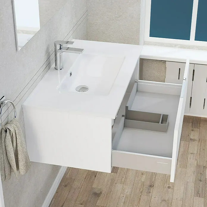 Artysan Mueble bajo de lavabo Plano - An x Pr x Al: 80 x 46 x 32 cm, Blanco - Primer plano de un moderno mueble de baño blanco con lavabo y cajón abierto.