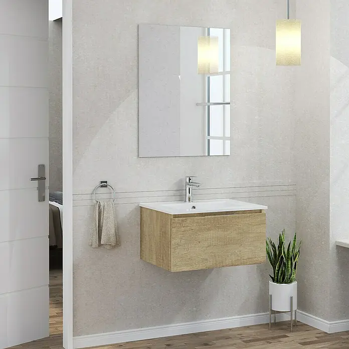 Artysan Mueble bajo de lavabo Plano - An x Pr x Al: 60 x 46 x 32 cm, Olmo - Un lavabo de baño moderno con una textura de madera y un espejo rectangular encima del lavabo. Diseño sencillo que irradia elegancia.