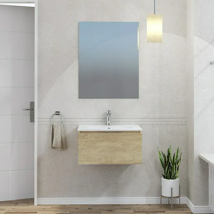 Artysan Mueble bajo de lavabo Plano - An x Pr x Al: 60 x 46 x 32 cm, Olmo - Baño con mueble bajo lavabo con acabado de madera clara, lavabo y espejo rectangular con iluminación integrada.