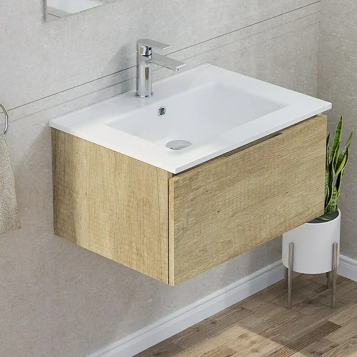 Artysan Mueble bajo de lavabo Plano - An x Pr x Al: 60 x 46 x 32 cm, Olmo - Imagen detallada de un mueble de lavabo de madera con lavabo blanco y grifo, montado en una pared alicatada.
