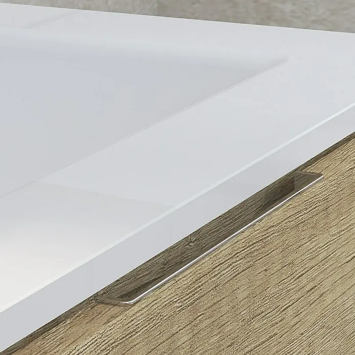 Artysan Mueble bajo de lavabo Plano - An x Pr x Al: 60 x 46 x 32 cm, Olmo - Primer plano de un cajón moderno con una superficie blanca brillante y un tirador elegante de tono plateado.