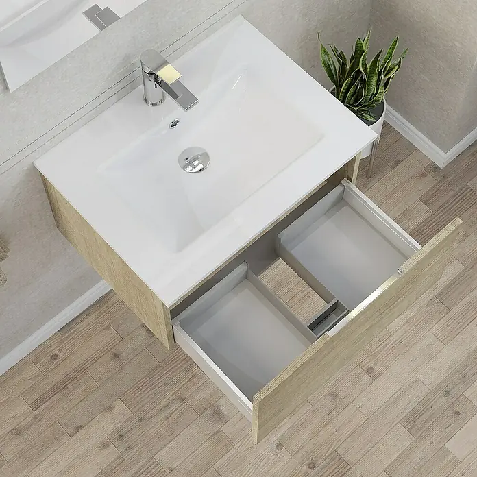 Artysan Mueble bajo de lavabo Plano - An x Pr x Al: 60 x 46 x 32 cm, Olmo - Lavabo moderno con mueble y cajones abiertos para un aspecto elegante y práctico en el baño.