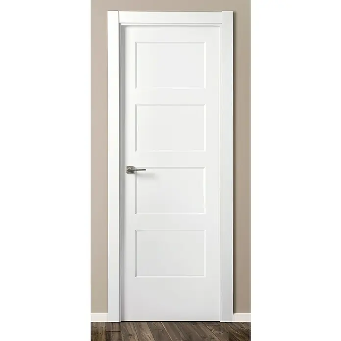 Solid Elements Puerta interior Bonn - 72,5 x 203 cm, Derecha, Blanco, Maciza - Primer plano de una puerta interior blanca con cuatro paneles y un tirador moderno, enmarcada en un marco a juego.