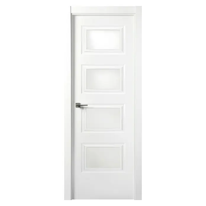 Solid Elements Puerta acristalada Bonn - 72,5 x 203 cm, Derecha, Blanco - Primer plano de una puerta interior blanca con cuatro paneles de vidrio rectangulares y un tirador plateado.