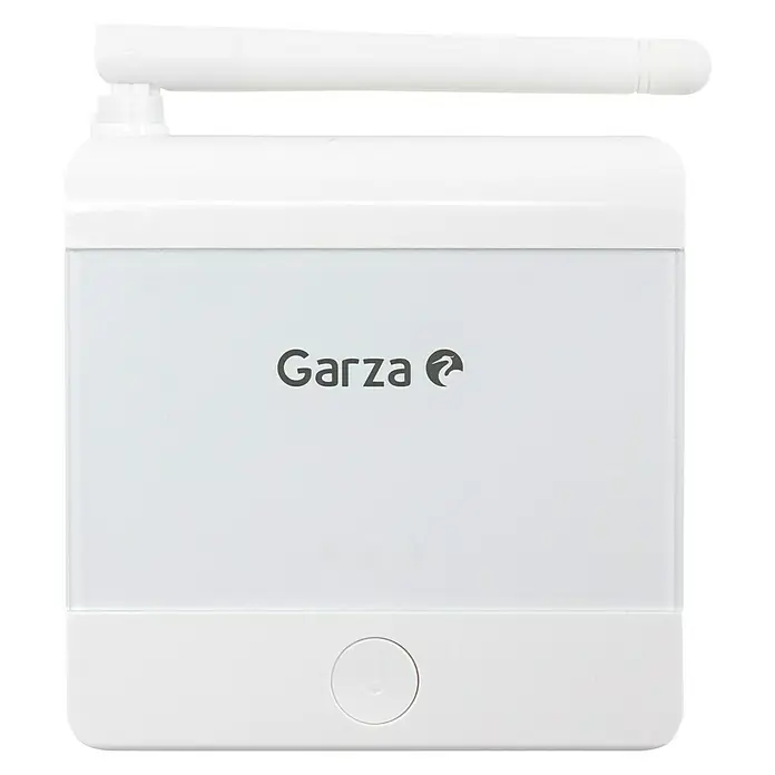 Garza Cronotermostato inalámbrico - Regulador de temperatura - Producto Garza blanco con antena, ideal para configuraciones de hogar inteligente. Este dispositivo destaca por su diseño sencillo y moderno.