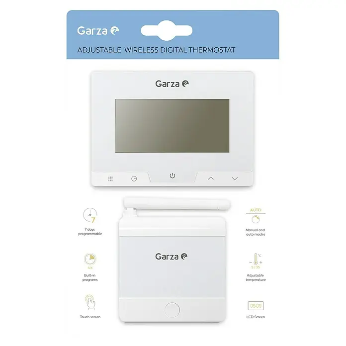 Garza Cronotermostato inalámbrico - Regulador de temperatura - Imagen de un paquete de termostato digital inalámbrico ajustable Garza con información sobre sus características.