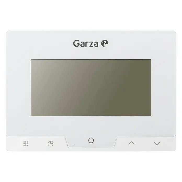 Garza Cronotermostato inalámbrico - Regulador de temperatura - Primer plano de un termostato inteligente Garza con pantalla en blanco y botones de control.