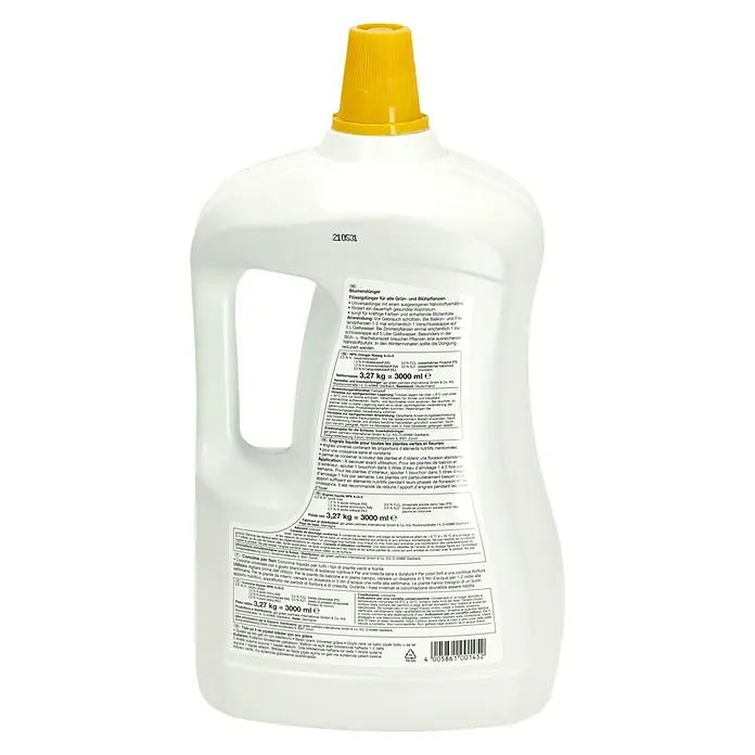 Blühpflanzendünger - 3 l - Produktbild einer Flasche Flüssigdünger für Grün- und Blühpflanzen. Sie enthält 3,27 kg/3000 ml.