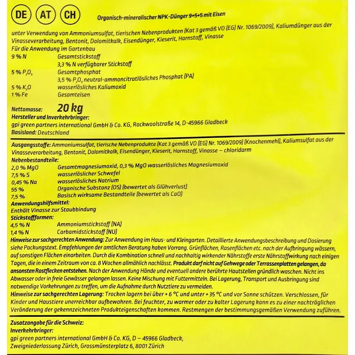 Gardol Rasendünger Kompakt - 20 kg, Max. Anwendungsfläche: 400 m² - Bild von organisch-mineralischem NPK-Dünger 9+5+5 mit Eisen, geeignet für den Gartenbau. Zusammensetzung und Anwendungshinweise sind detailliert aufgeführt.
