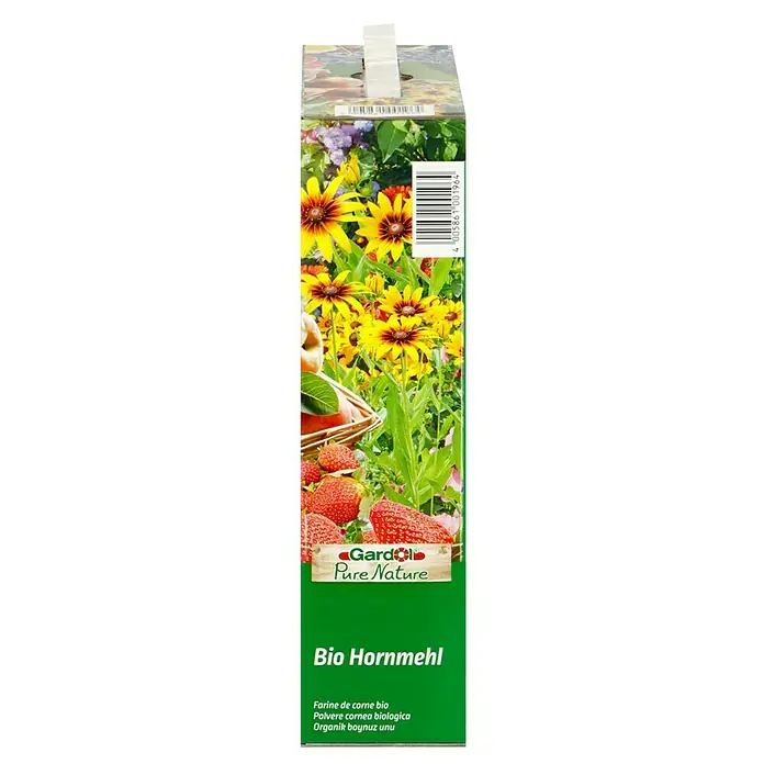 Gardol Pure Nature Hornprodukt - 2,5 kg, Max. Anwendungsfläche: 50 m² - Abbildung einer Packung Gardol Bio Hornmehl mit Erdbeeren und Blumen.