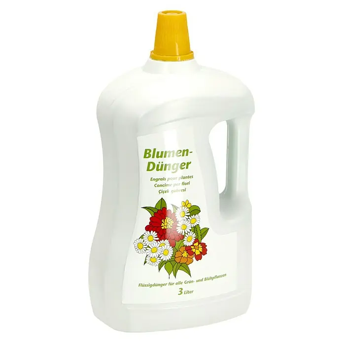 Blühpflanzendünger - 3 l - Weiße Flasche Blumendünger mit gelbem Deckel und einem Etikett mit Blumenmuster und dem Text „Blumen-Dünger, 3 Liter“.