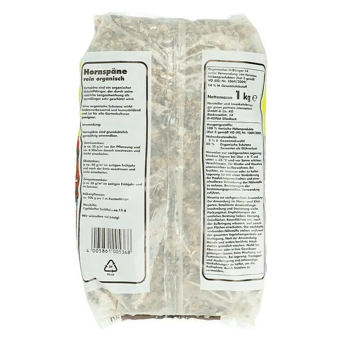 Hornprodukt - 1 kg, Max. Anwendungsfläche: 20 m² - Hornspäne in einer Verpackung. Organischer N-Dünger zur Bodenverbesserung und Humusbildung für Gartenkulturen.