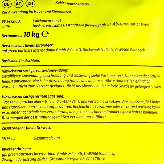 Gardol Gartenkalk - 10 kg, Max. Anwendungsfläche: 100 m² - Bild der Produktverpackung von "Kohlensaurer Kalk 95" mit Hinweisen zu Anwendung, Lagerung und Inverkehrbringer.