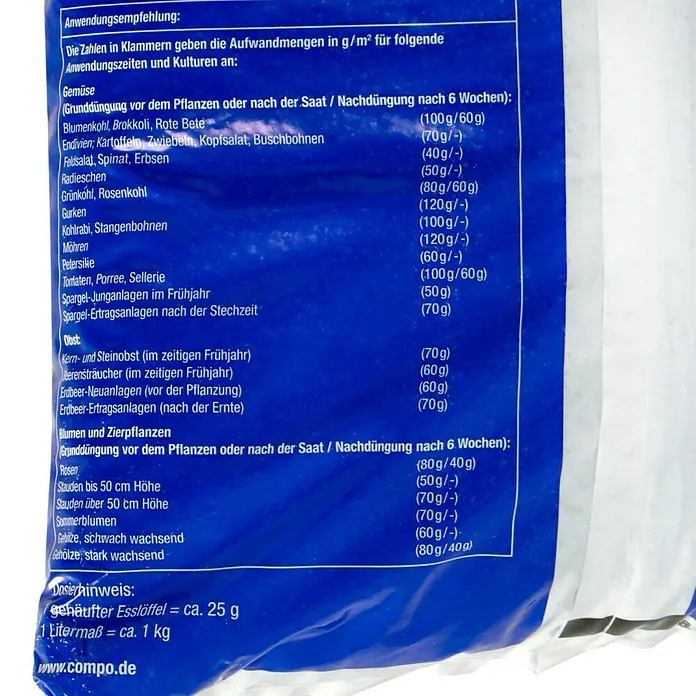 Compo Universaldünger Blaukorn - 7,5 kg - Anwendungsanleitung für COMPO Dünger: Dosierungsempfehlungen für Gemüse, Obst, Blumen und Zierpflanzen nach Anwendungszeit und Kultur.