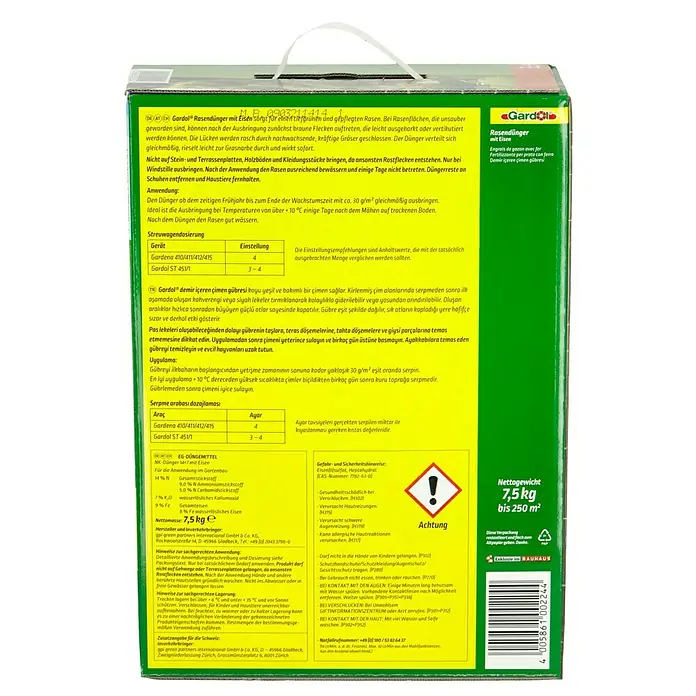 Gardol Rasendünger mit Eisen - 7,5 kg, Max. Anwendungsfläche: 250 m² - Verpackung von Gardol Rasendünger mit Eisen, ideal für einen tiefgrünen Rasen. Nettogewicht: 7,5 kg, ausreichend für bis zu 250 m².