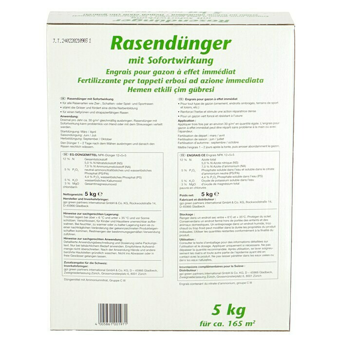 RasendüngerMit Sofortwirkung, 5 kg, Inhalt ausreichend für ca.: 160 m² Back View