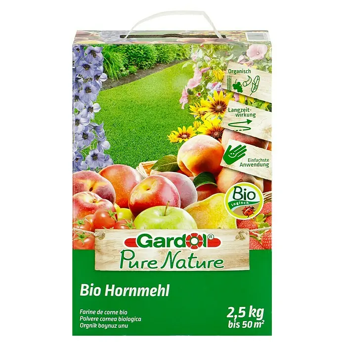 Gardol Pure Nature Hornprodukt - 2,5 kg, Max. Anwendungsfläche: 50 m² - Bild einer Packung Gardol Bio Hornmehl, ein organischer Dünger für den Garten, mit Früchten und Blumen auf der Verpackung.