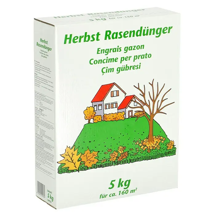 Rasendünger - 5 kg, Max. Anwendungsfläche: 160 m² - Abbildung einer Packung Herbst Rasendünger, einem Rasendünger für den Herbst.