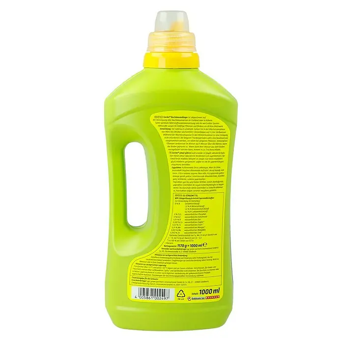 Gardol Buchsbaumdünger - 1 l - Produktansicht: Eine Flasche Gordel Buchsbaumdünger, ein Dünger für Buchsbaumgewächse, mit gelbem Deckel und grüner Flasche.