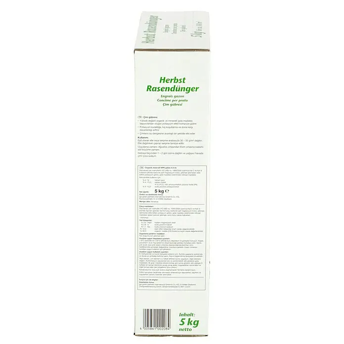 Rasendünger - 5 kg, Max. Anwendungsfläche: 160 m² - Produktverpackung Herbst Rasendünger, ein Rasendünger für den Herbst, 5 kg Packungsgewicht.
