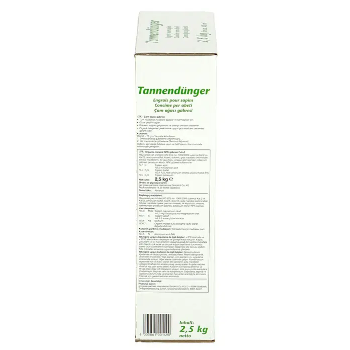 Tannendünger - 2,5 kg, Max. Anwendungsfläche: 40 m² - Abbildung einer Packung Tannendünger, ein Dünger speziell für Tannen und andere Nadelbäume, mit 2,5 kg Nettoinhalt.
