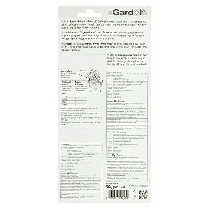 Gardol Grünpflanzen-Düngestäbchen - 30 Stk., Passend für: Anwendungsbedingt - Gardol fertilizer sticks for green plants, designed to promote growth and lush greenery, ideal for all indoor green plants.