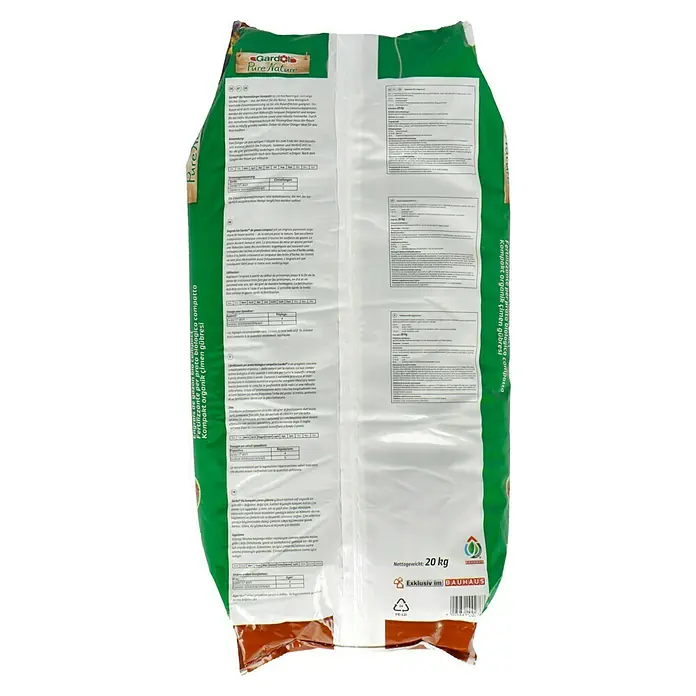 Gardol Pure Nature Bio-Rasendünger Kompakt - 20 kg, Max. Anwendungsfläche: 330 m² - Bild einer Gardol Pure Nature Kompakt Bio Rasendünger-Packung mit 20 kg Nettogewicht, exklusiv bei Bauhaus erhältlich.