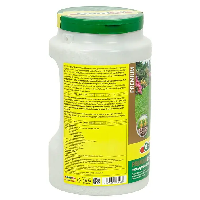Gardol Rasendünger Premium - 2,25 kg, Max. Anwendungsfläche: 45 m² - Produktfoto von Gardol Premium Rasendünger, der für einen gleichmäßigen und gesunden Rasen sorgt. Geeignet für alle Rasenflächen.