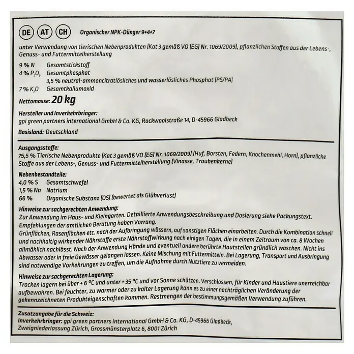 Gardol Pure Nature Bio-Rasendünger Kompakt - 20 kg, Max. Anwendungsfläche: 330 m² - Auf dem Bild ist die Produktinformation eines Organischen NPK-Düngers 9+4+7 abgebildet. Wichtige Details zu Inhaltsstoffen und Anwendungshinweise sind zu lesen.