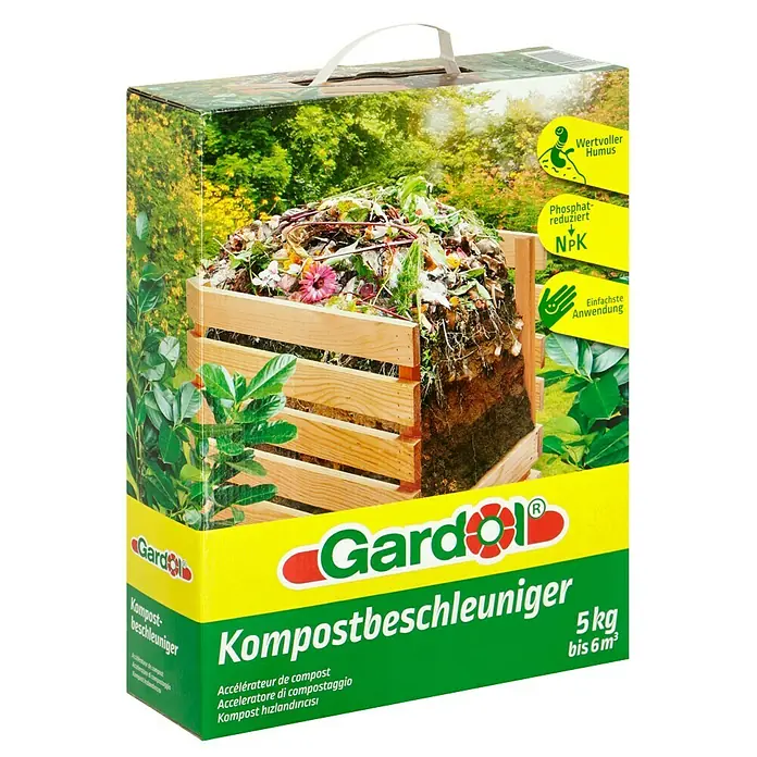 Gardol Kompostbeschleuniger5 kg, Max. Anwendungsfläche: 6 m³ - Abbildung einer Packung Gardol Kompostbeschleuniger mit einem Komposthaufen.