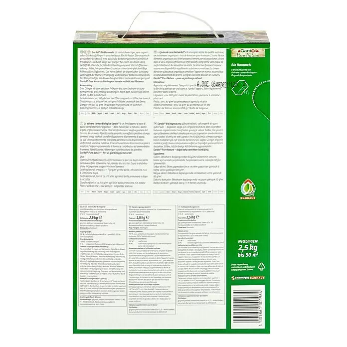 Gardol Pure Nature Hornprodukt - 2,5 kg, Max. Anwendungsfläche: 50 m² - Grüne und weiße Packung Gardol Pure Nature Bio Hornmehl Dünger, 2,5 kg.