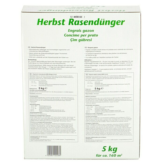 Herbstrasendünger5 kg, Inhalt ausreichend für ca.: 160 m² Back View