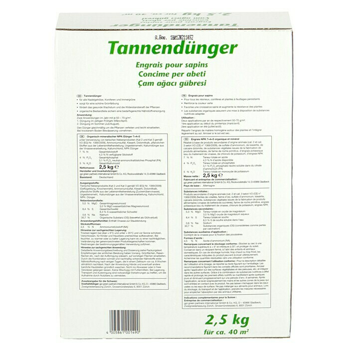 Tannendünger2,5 kg, Inhalt ausreichend für ca.: 40 m² Back View