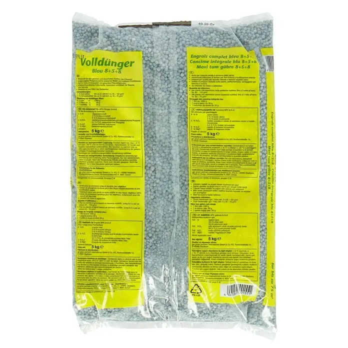 Blaudünger - 5 kg, Max. Anwendungsfläche: 75 m² - Bild einer 5-kg-Packung Blaukorn-Volldünger 8+5+8, ein Mehrnährstoffdünger für den Garten- und Landschaftsbau.