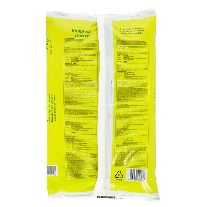 Kompoststarter - 5 kg, Max. Anwendungsfläche: 6 m³ - Bild einer Packung Kompoststarter von COMPO mit allen Produktinformationen, Inhaltsstoffen und Anweisungen.