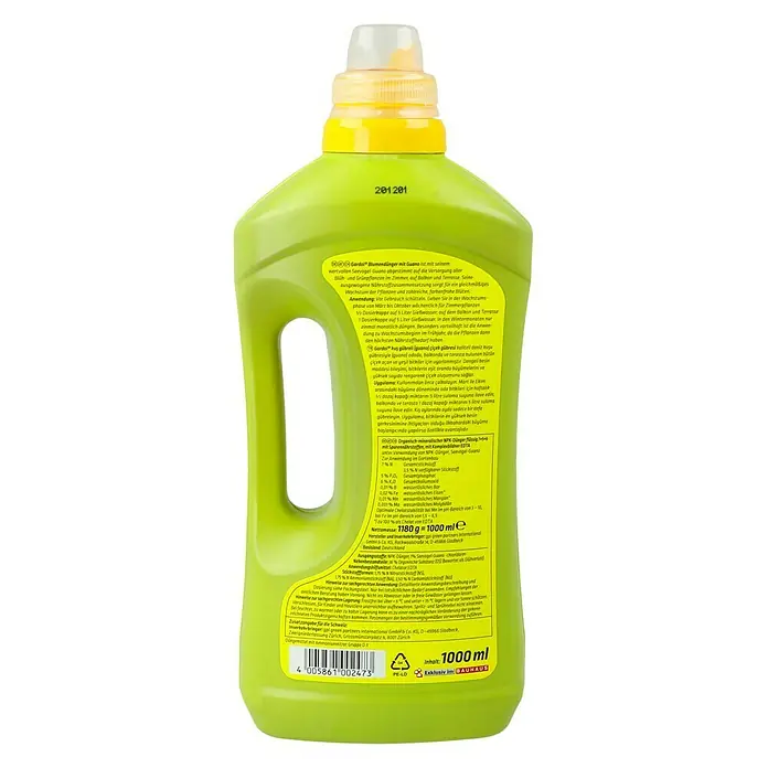 Gardol Blumendünger mit Guano - 1 l, Max. ausreichend für Flüssigkeitsmenge: 250 l - Ein hellgrüner Behälter Gardal Blumendünger mit gelbem Deckel, ideal für ein üppiges Wachstum und farbenfrohe Blüten.