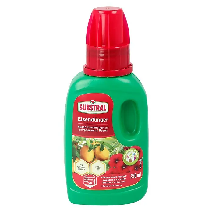 Substral Eisendünger - 250 ml - Produktbild einer Flasche Substral Eisendünger, ein Dünger zur Behandlung von Eisenmangel bei Zierpflanzen und Rasen.
