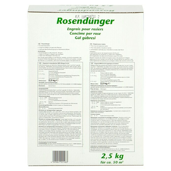 Rosendünger2,5 kg, Inhalt ausreichend für ca.: 50 m² Back View