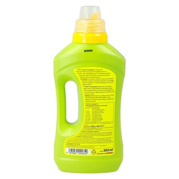Gardol Zitrusdünger - 500 ml - Das Bild zeigt eine grüne Flasche Gardol Zitrusdünger, ein Düngemittel speziell für Zitruspflanzen, mit gelbem Verschluss und Etikett.