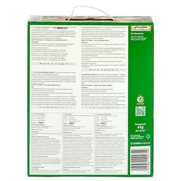 Gardol Pure Nature Bio-Pferdedung - 4 kg, Max. Anwendungsfläche: 30 m² - A package of Gardol Bio Pferdemist organic horse manure, fertilizer for soil, with the Bauhaus logo on a green background.
