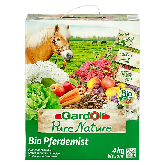 Gardol Pure Nature Bio-Pferdedung - 4 kg, Max. Anwendungsfläche: 30 m² - Bild einer Packung Gardol Pure Nature Bio Pferdemist, ein ökologischer Dünger für den Garten.