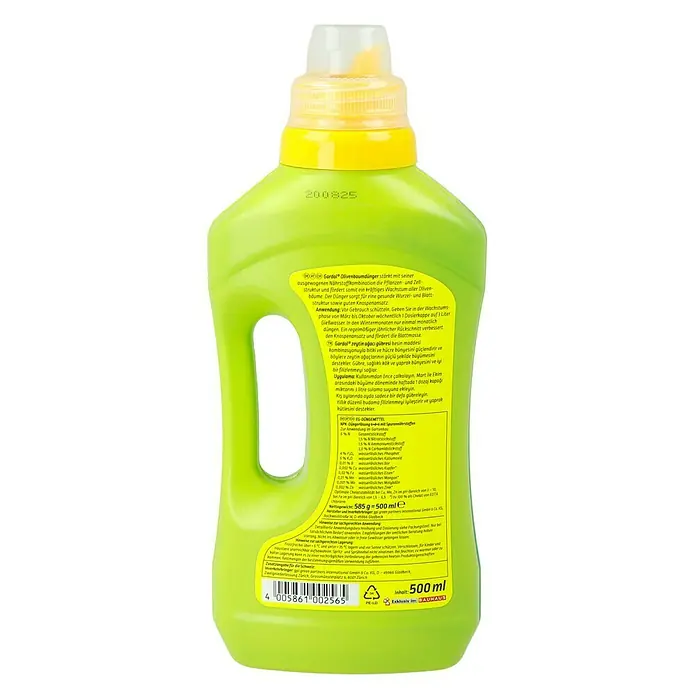 Gardol Olivenbaumdünger - 500 ml - Abbildung einer Flasche Gardol Olivenbaumdünger, ein Spezialdünger für Olivenbäume mit Nährstoffkombination für Wachstum und Zellstruktur.