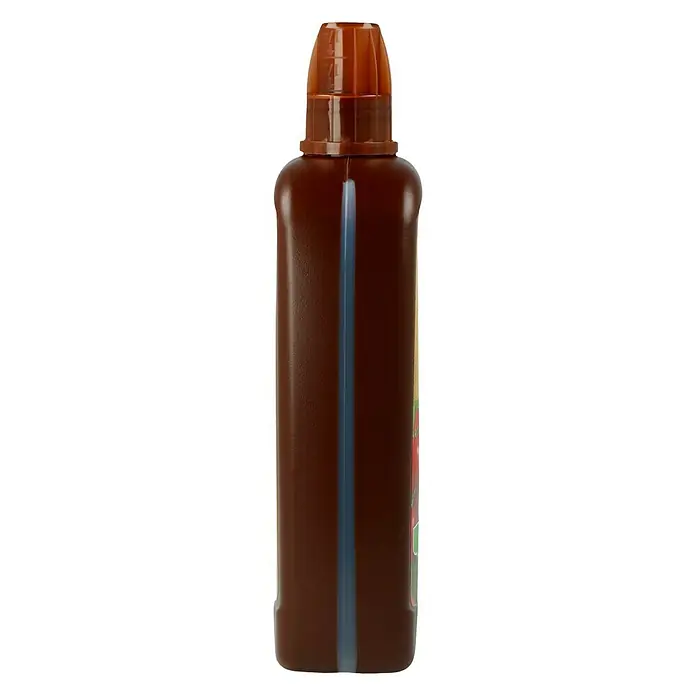 Substral Bio-Tomaten- & Kräuternahrung - 1 l, Max. ausreichend für Flüssigkeitsmenge: 140 l - Ansicht einer braunen Flasche Flüssigdünger mit blauem Füllstandsanzeiger und braunem Messbecher als Verschluss.