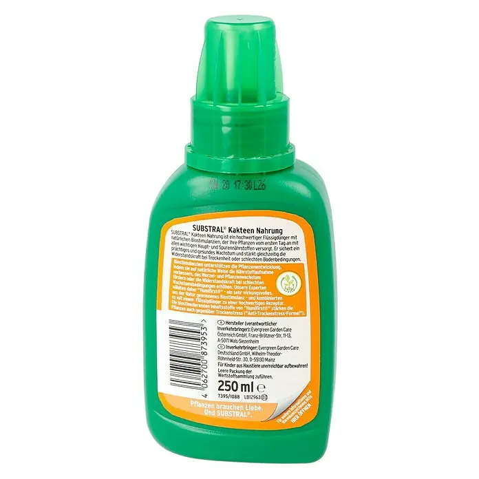 Substral Kakteendünger - 250 ml - Etikettansicht der SUBSTRAL® Kakteen Nahrung, einem flüssigen Kakteendünger zur Förderung von Wachstum und Widerstandskraft.