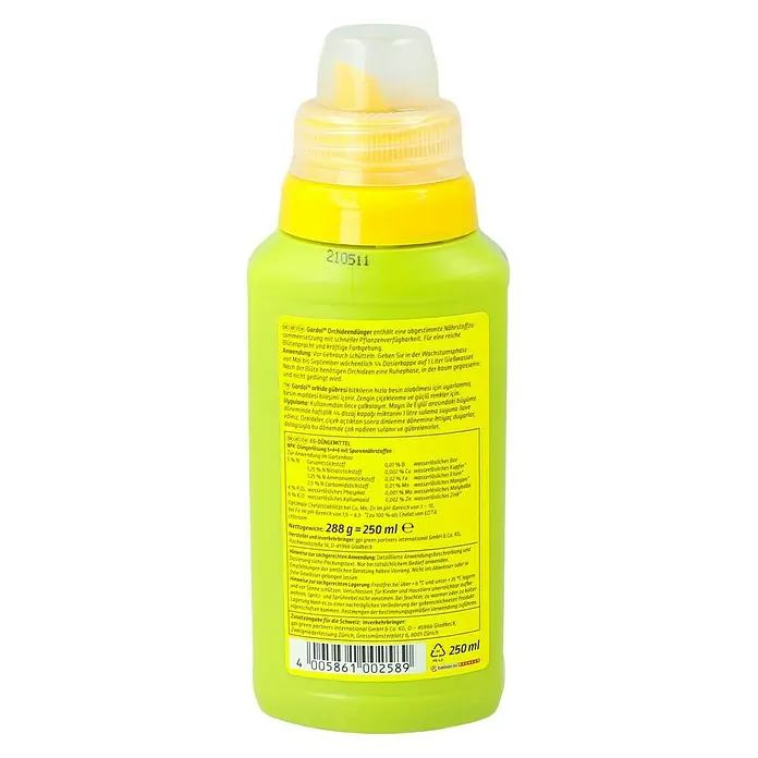 Gardol Orchideendünger - 250 ml, Max. ausreichend für Flüssigkeitsmenge: 50 l - Nahaufnahme der gelben Flasche Gardol® Orchideendünger, ein Spezialdünger für Orchideen, mit Dosierungsanleitung.