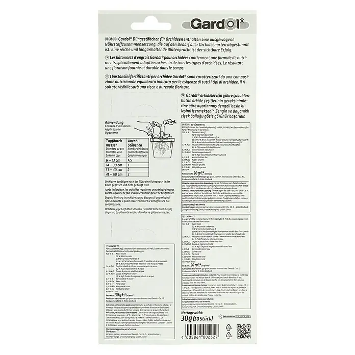 Gardol Düngestäbchen - Passend für: 30 Pflanzen, 30 Stk. - Gardol Düngestäbchen für Orchideen, eine ausgewogene Nährstoffversorgung für prächtige und langanhaltende Blüten.