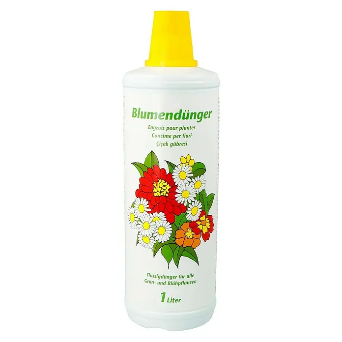 Blühpflanzendünger - 1 l - Flüssigdünger für Blumen und Grünpflanzen in einer weißen 1-Liter-Flasche mit gelbem Verschluss und Blumenmuster.