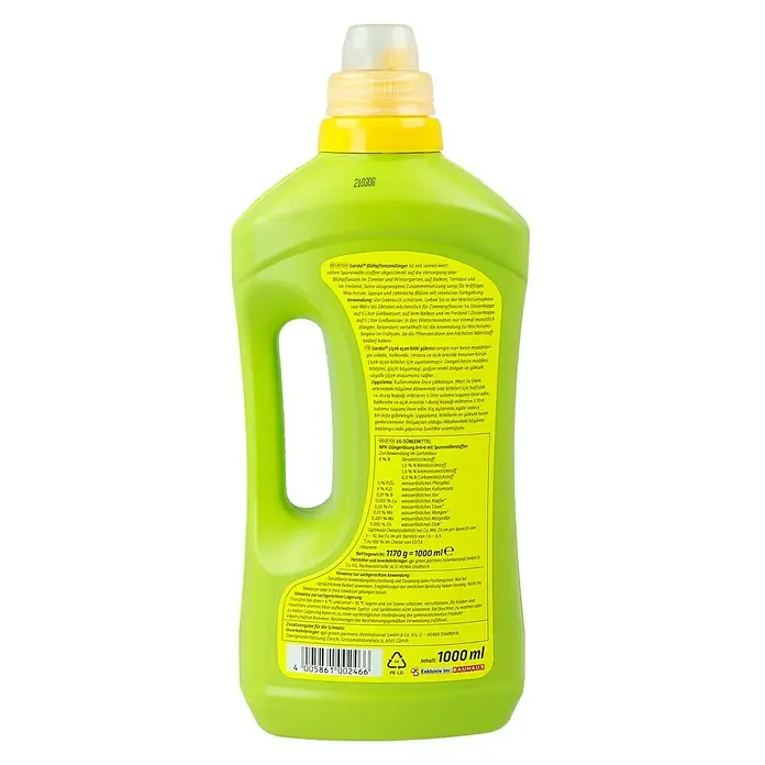 Gardol Blühpflanzendünger - 1 l, Max. ausreichend für Flüssigkeitsmenge: 250 l - Abbildung einer Gardol Blümpflanzendünger-Flasche, ein Dünger für üppige Blüten, exklusiv bei Bauhaus erhältlich.